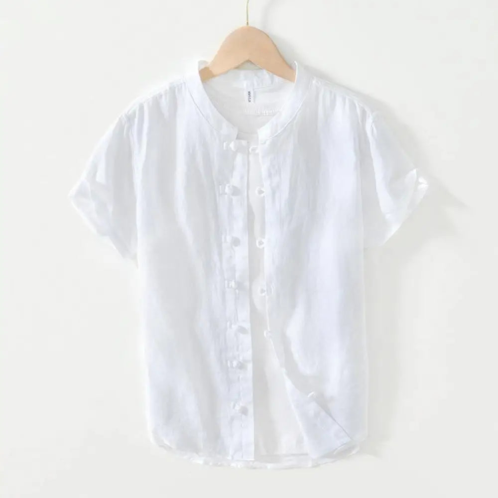 Buddha Stones Daily Frog-Button Stand Collar Short Sleeve Linen Men’s Shirt - White / US/UK/AU36，EU46 (L) - Men’s Shirts