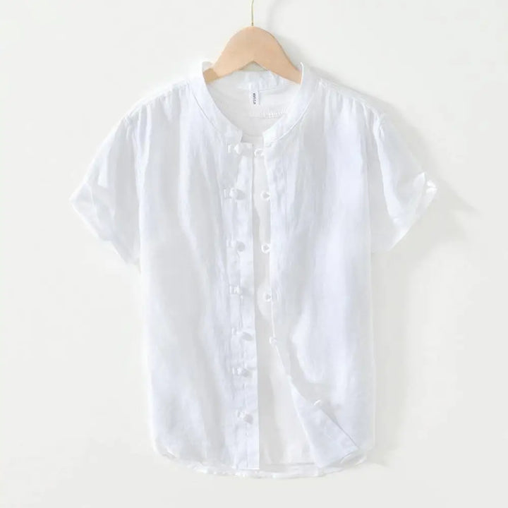 Buddha Stones Daily Frog-Button Stand Collar Short Sleeve Linen Men’s Shirt - White / US/UK/AU36，EU46 (L) - Men’s Shirts