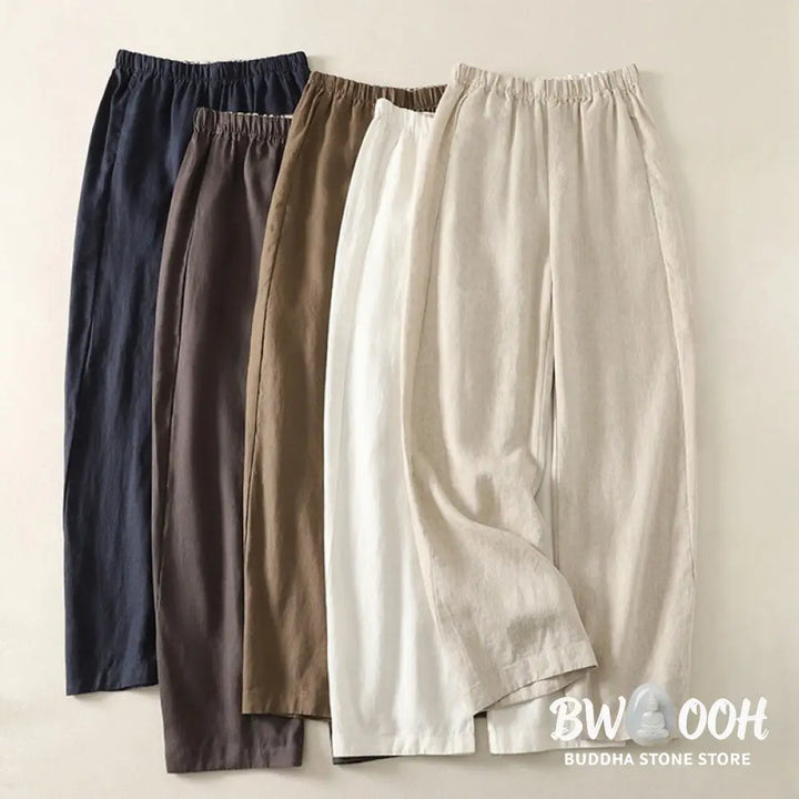 Buddha Stones Daily Plain Simple Design Cotton Linen Women’s Pants With Pockets - Women’s Pants