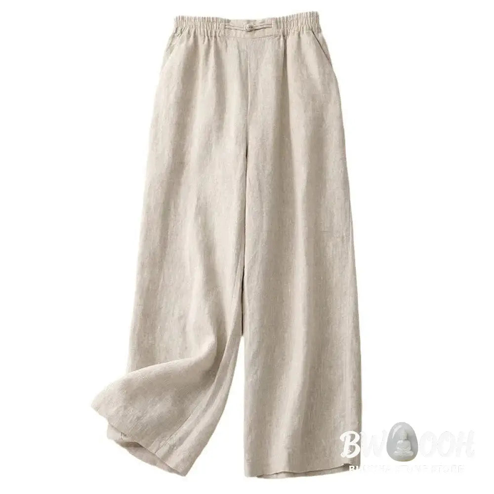 Buddha Stones Daily Solid Color Elastic Waistband Frog-Button Cotton Women’s Wide Leg Pants With Pockets - Women’s Wide