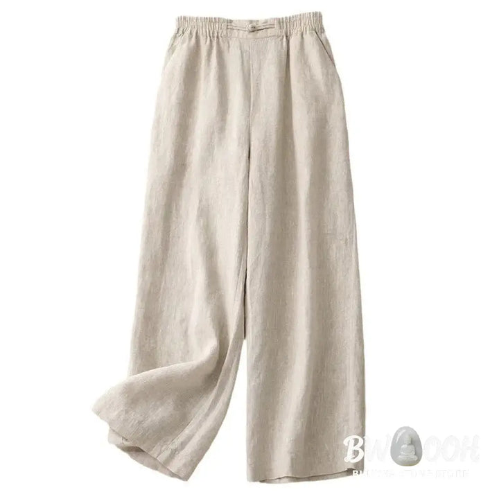 Buddha Stones Daily Solid Color Elastic Waistband Frog-Button Cotton Women’s Wide Leg Pants With Pockets - Women’s Wide