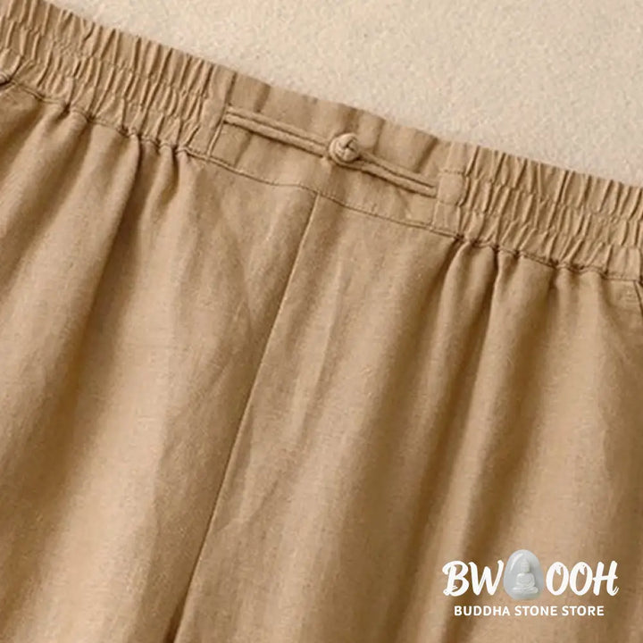 Buddha Stones Daily Solid Color Elastic Waistband Frog-Button Cotton Women’s Wide Leg Pants With Pockets - Women’s Wide