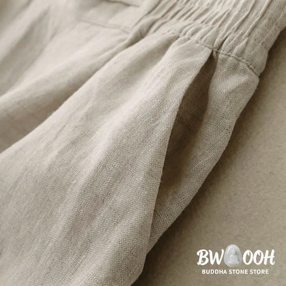 Buddha Stones Daily Solid Color Elastic Waistband Frog-Button Cotton Women’s Wide Leg Pants With Pockets - Women’s Wide