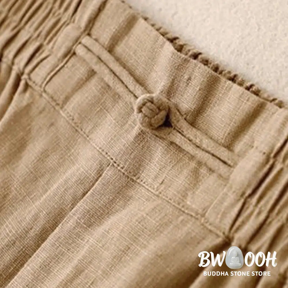 Buddha Stones Daily Solid Color Elastic Waistband Frog-Button Cotton Women’s Wide Leg Pants With Pockets - Women’s Wide