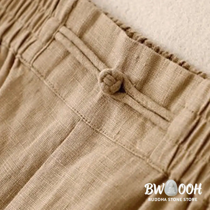 Buddha Stones Daily Solid Color Elastic Waistband Frog-Button Cotton Women’s Wide Leg Pants With Pockets - Women’s Wide