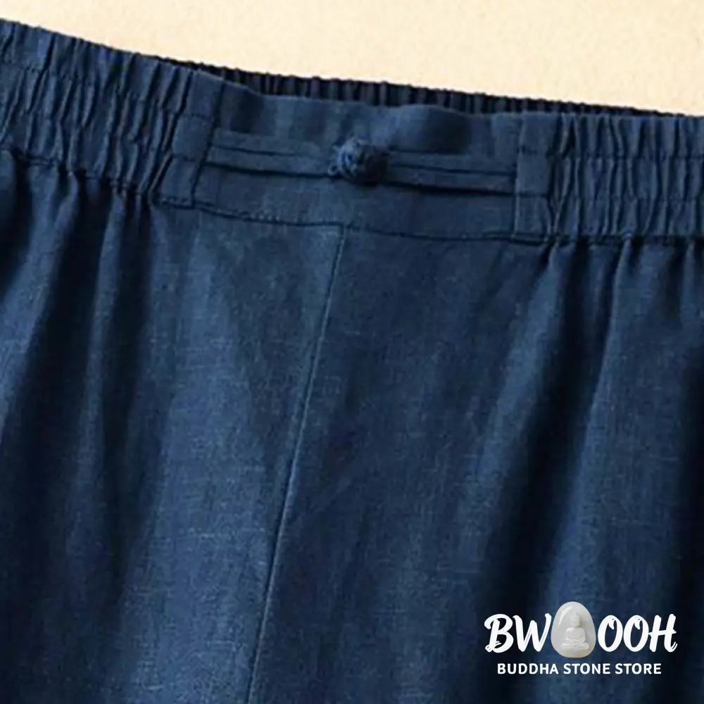 Buddha Stones Daily Solid Color Elastic Waistband Frog-Button Cotton Women’s Wide Leg Pants With Pockets - Women’s Wide