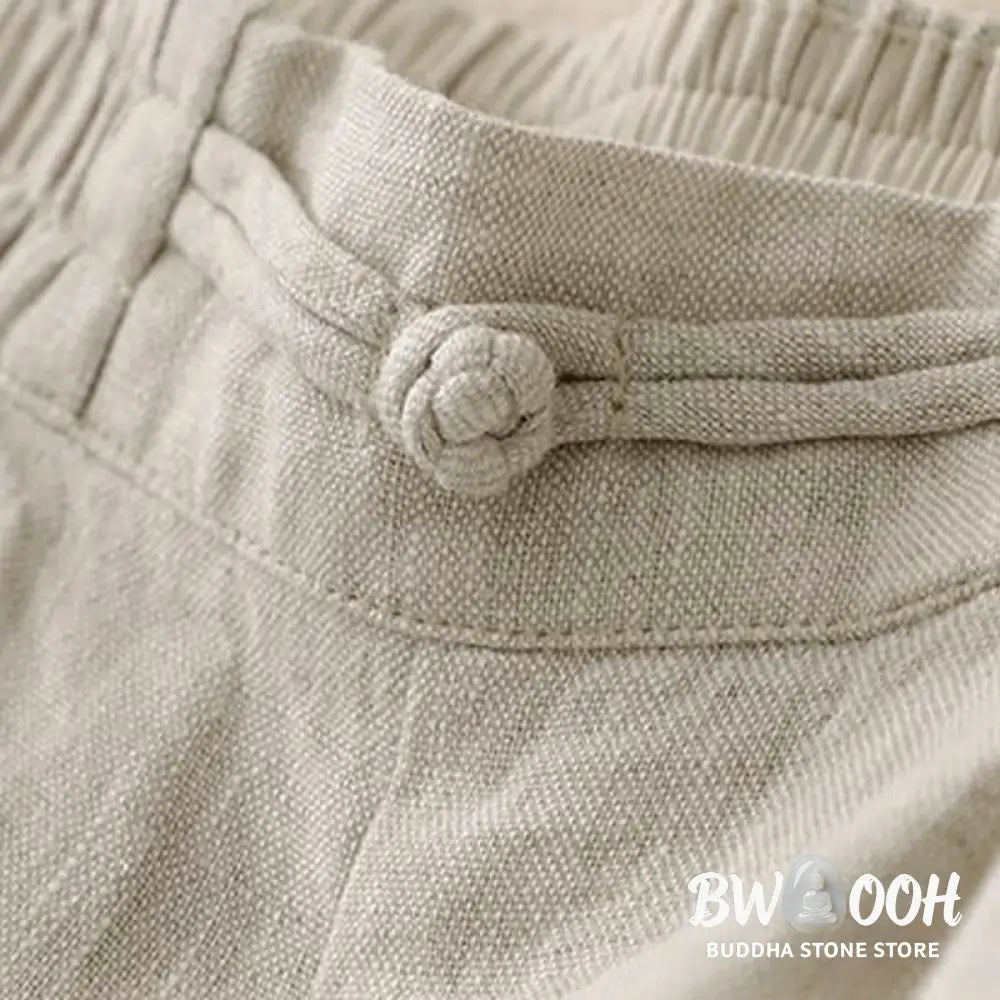 Buddha Stones Daily Solid Color Elastic Waistband Frog-Button Cotton Women’s Wide Leg Pants With Pockets - Women’s Wide