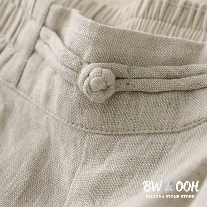 Buddha Stones Daily Solid Color Elastic Waistband Frog-Button Cotton Women’s Wide Leg Pants With Pockets - Women’s Wide
