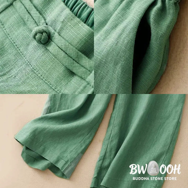 Buddha Stones Daily Solid Color Elastic Waistband Frog-Button Cotton Women’s Wide Leg Pants With Pockets - Women’s Wide