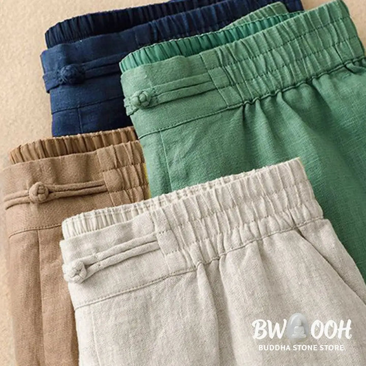 Buddha Stones Daily Solid Color Elastic Waistband Frog-Button Cotton Women’s Wide Leg Pants With Pockets - Women’s Wide