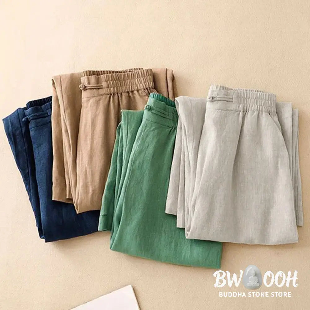 Buddha Stones Daily Solid Color Elastic Waistband Frog-Button Cotton Women’s Wide Leg Pants With Pockets - Women’s Wide