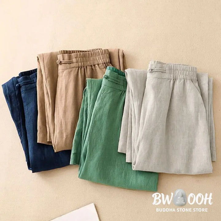 Buddha Stones Daily Solid Color Elastic Waistband Frog-Button Cotton Women’s Wide Leg Pants With Pockets - Women’s Wide