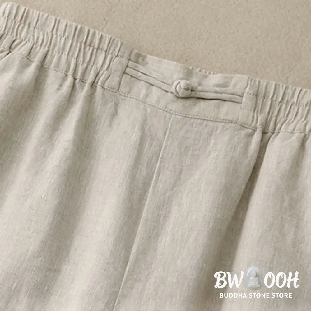 Buddha Stones Daily Solid Color Elastic Waistband Frog-Button Cotton Women’s Wide Leg Pants With Pockets - Women’s Wide