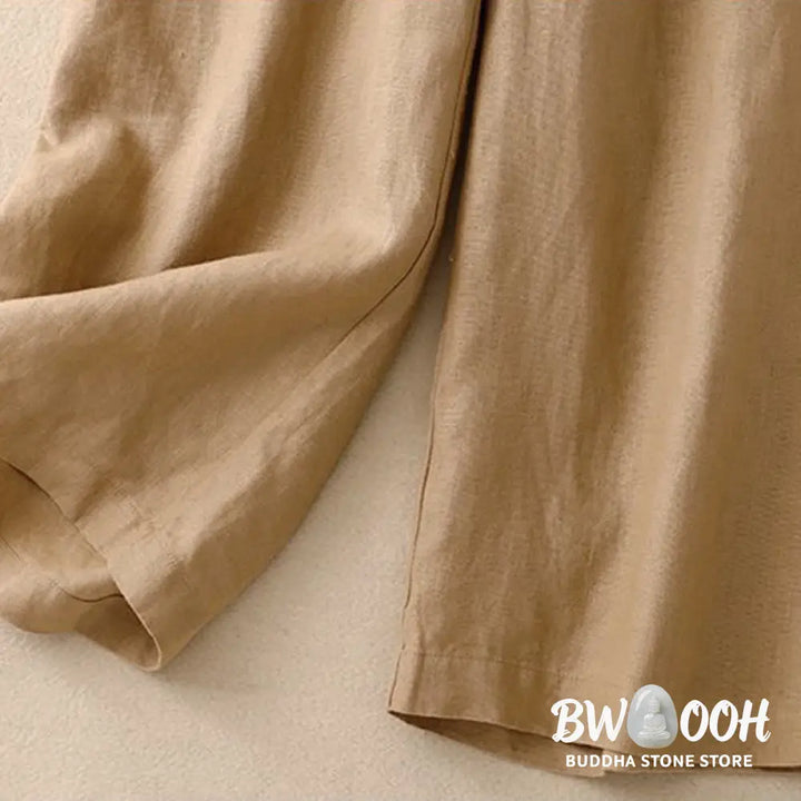 Buddha Stones Daily Solid Color Elastic Waistband Frog-Button Cotton Women’s Wide Leg Pants With Pockets - Women’s Wide