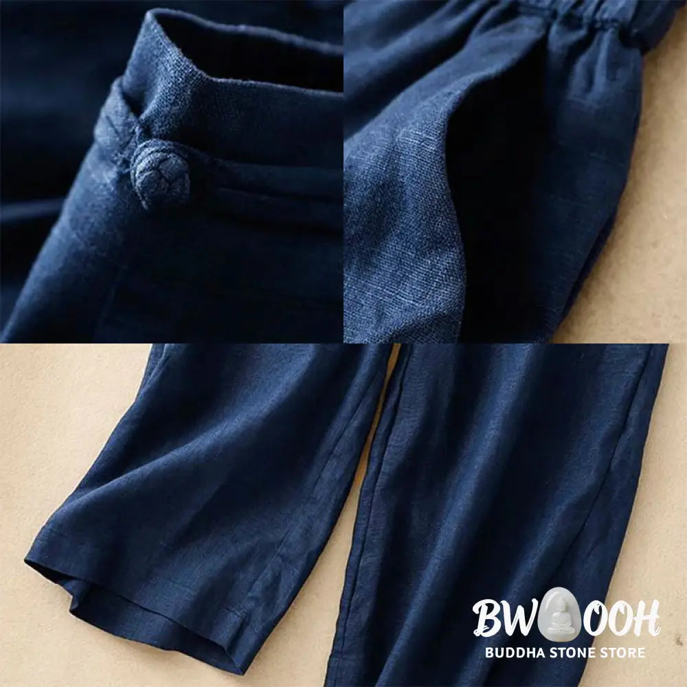 Buddha Stones Daily Solid Color Elastic Waistband Frog-Button Cotton Women’s Wide Leg Pants With Pockets - Women’s Wide