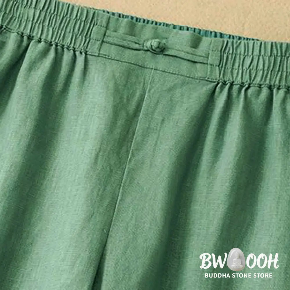 Buddha Stones Daily Solid Color Elastic Waistband Frog-Button Cotton Women’s Wide Leg Pants With Pockets - Women’s Wide