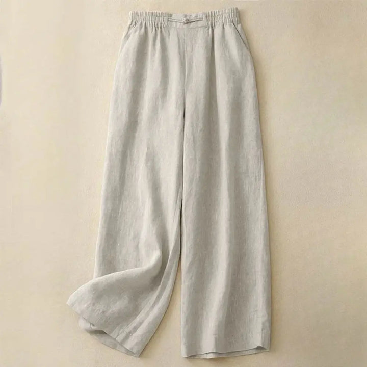 Buddha Stones Daily Solid Color Elastic Waistband Frog-Button Cotton Women’s Wide Leg Pants With Pockets - Beige