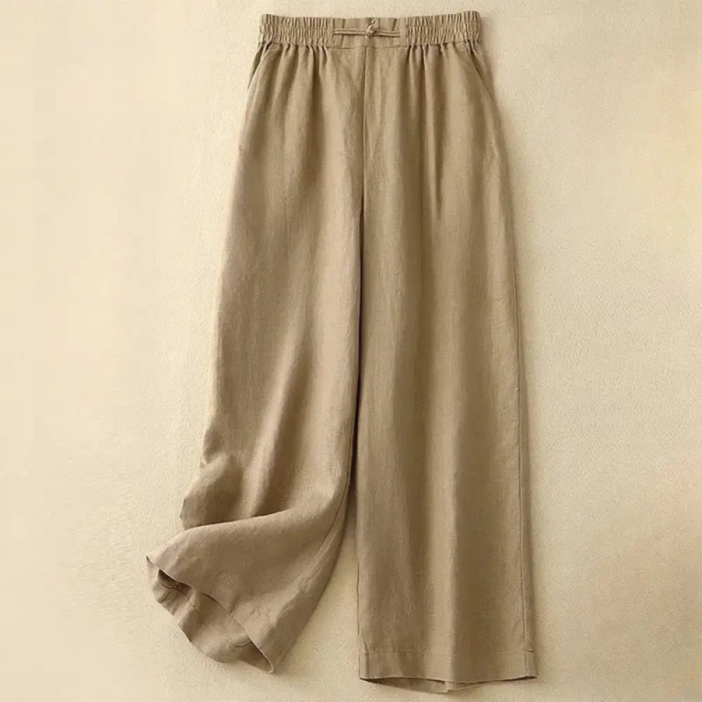 Buddha Stones Daily Solid Color Elastic Waistband Frog-Button Cotton Women’s Wide Leg Pants With Pockets - Gold
