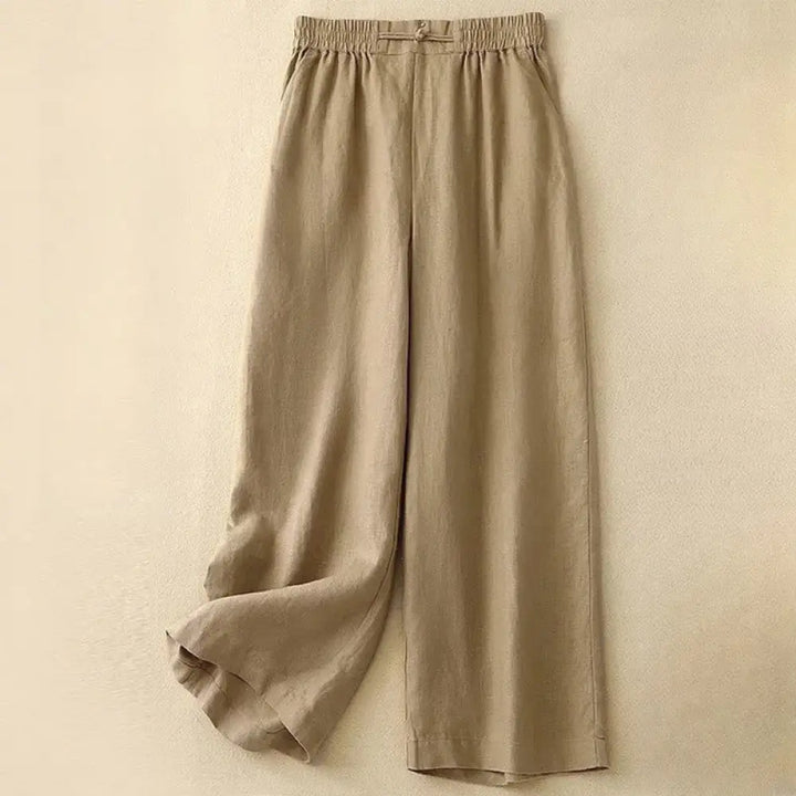 Buddha Stones Daily Solid Color Elastic Waistband Frog-Button Cotton Women’s Wide Leg Pants With Pockets - Gold