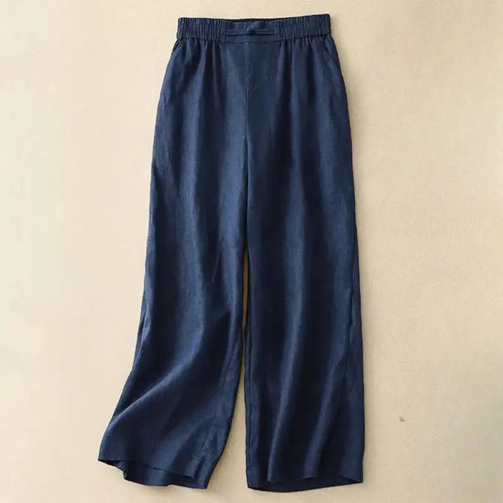 Buddha Stones Daily Solid Color Elastic Waistband Frog-Button Cotton Women’s Wide Leg Pants With Pockets - MidnightBlue