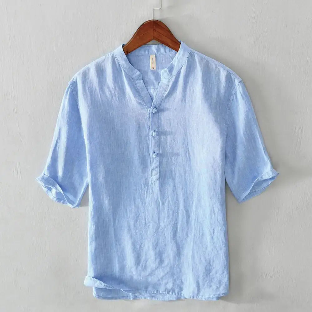 Buddha Stones Daily Solid Color Stand Collar Half Sleeve Linen Half Button Men’s Shirt - CornflowerBlue