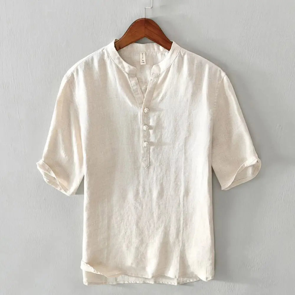 BWOOOH Daily Solid Color Stand Collar Half Sleeve Linen H