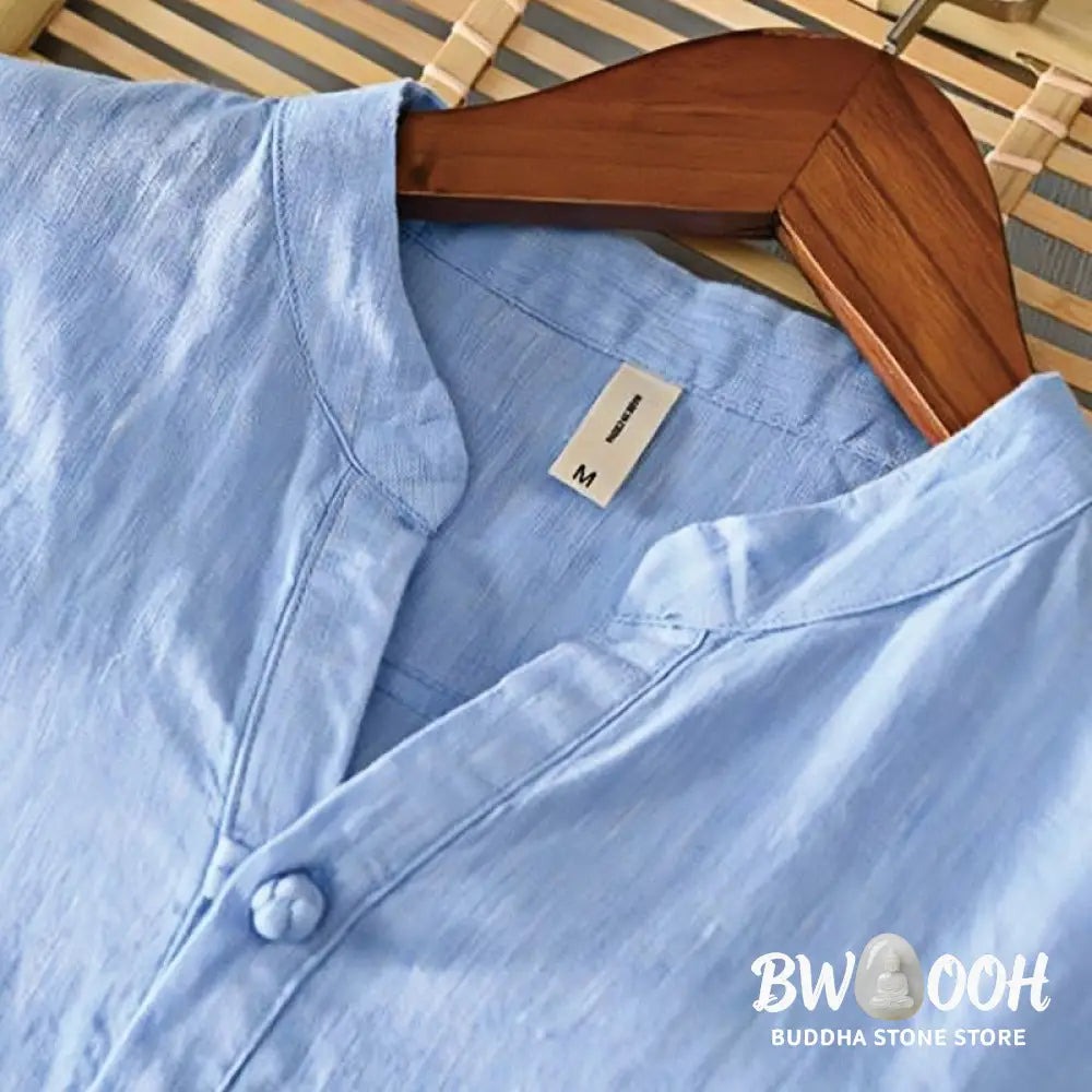 Buddha Stones Daily Solid Color Stand Collar Half Sleeve Linen Half Button Men’s Shirt - Men’s Shirts