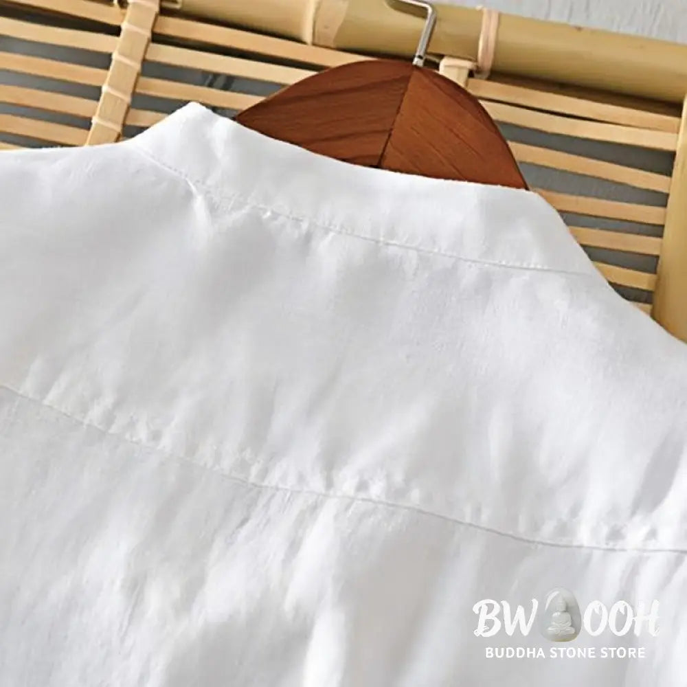 Buddha Stones Daily Solid Color Stand Collar Half Sleeve Linen Half Button Men’s Shirt - Men’s Shirts