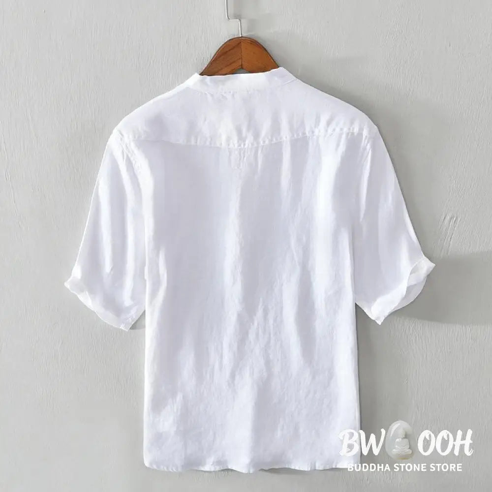 Buddha Stones Daily Solid Color Stand Collar Half Sleeve Linen Half Button Men’s Shirt - Men’s Shirts