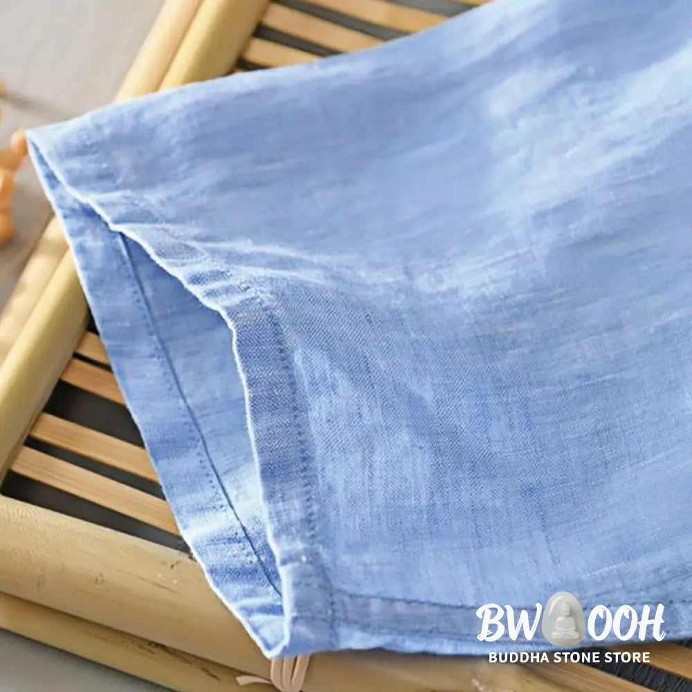 Buddha Stones Daily Solid Color Stand Collar Half Sleeve Linen Half Button Men’s Shirt - Men’s Shirts