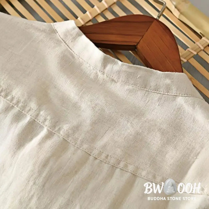 Buddha Stones Daily Solid Color Stand Collar Half Sleeve Linen Half Button Men’s Shirt - Men’s Shirts