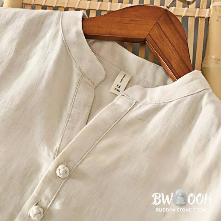 Buddha Stones Daily Solid Color Stand Collar Half Sleeve Linen Half Button Men’s Shirt - Men’s Shirts