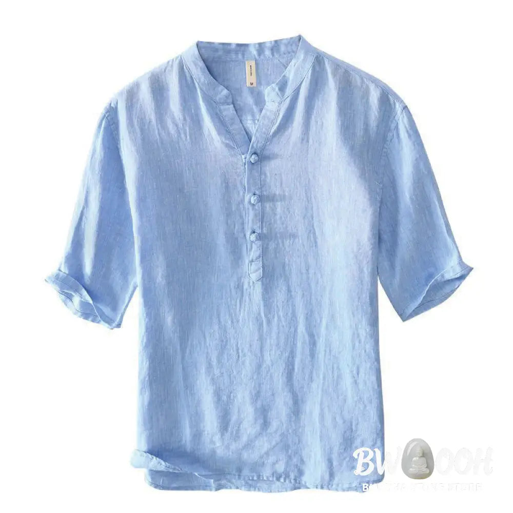 Buddha Stones Daily Solid Color Stand Collar Half Sleeve Linen Half Button Men’s Shirt - Men’s Shirts