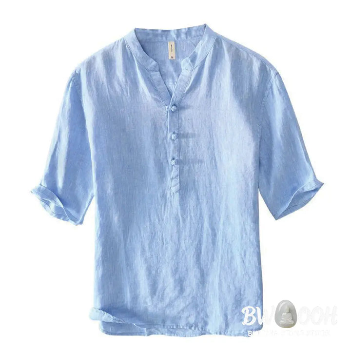 Buddha Stones Daily Solid Color Stand Collar Half Sleeve Linen Half Button Men’s Shirt - Men’s Shirts