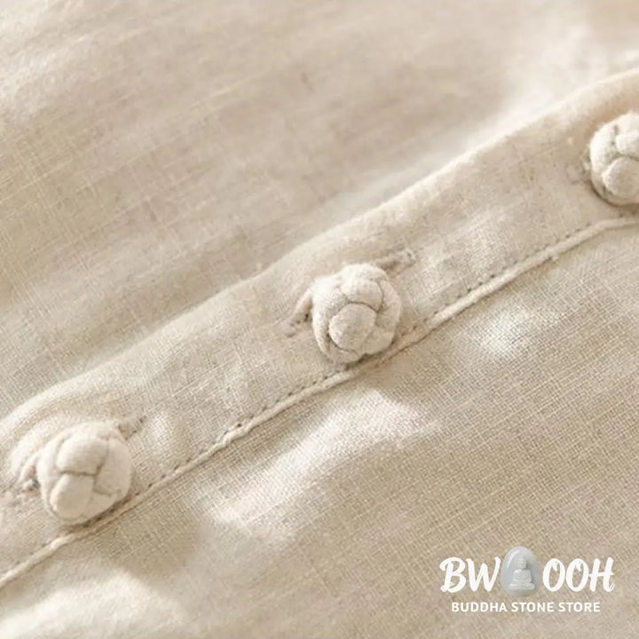 Buddha Stones Daily Solid Color Stand Collar Half Sleeve Linen Half Button Men’s Shirt - Men’s Shirts