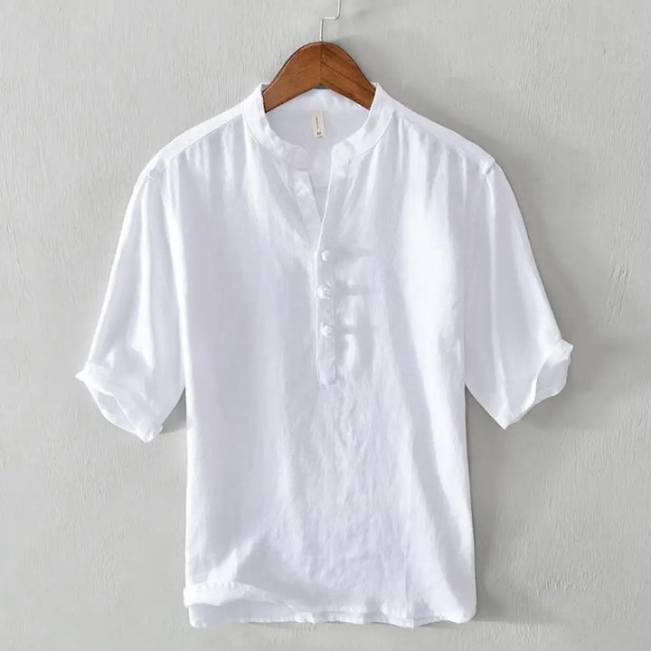 Buddha Stones Daily Solid Color Stand Collar Half Sleeve Linen Half Button Men’s Shirt - White / US/UK/AU36，EU46 (L)