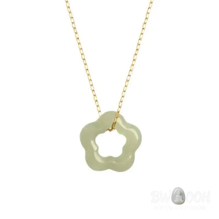 BWOOOH Dainty Hetian Cyan Jade Luck Floral Charm Necklace Pendant with 925 Sterling Silver chain, showcasing a delicate jade floral design for prosperity and spiritual balance. - View 10
