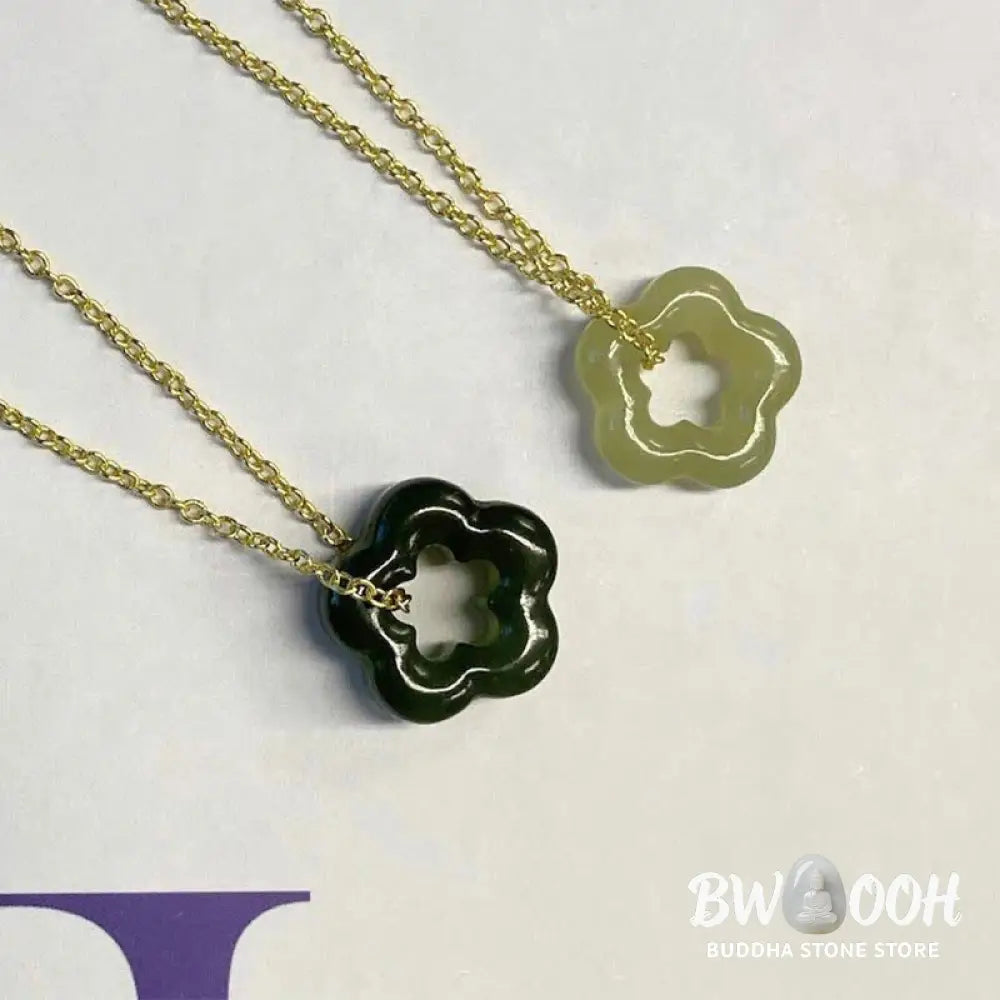 BWOOOH Dainty Hetian Cyan Jade Luck Floral Charm Necklace Pendant with 925 Sterling Silver chain, showcasing a delicate jade floral design for prosperity and spiritual balance. - View 17