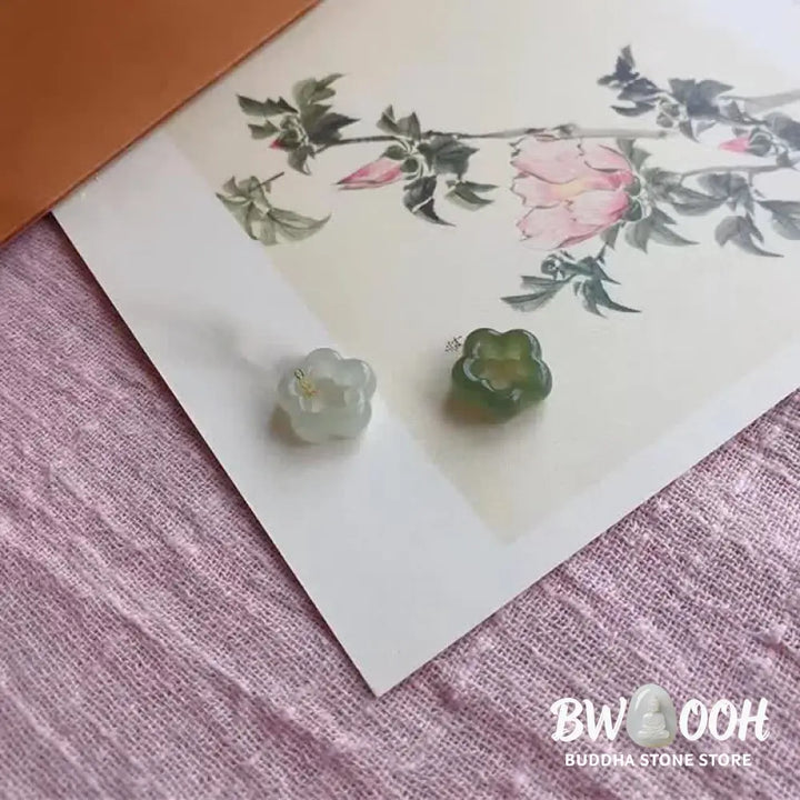 BWOOOH Dainty Hetian Cyan Jade Luck Floral Charm Necklace Pendant with 925 Sterling Silver chain, showcasing a delicate jade floral design for prosperity and spiritual balance. - View 13