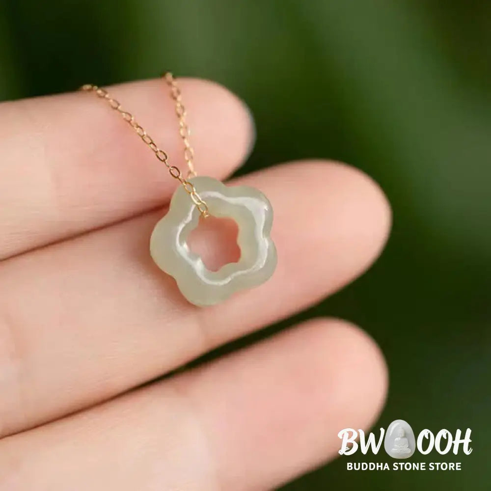 BWOOOH Dainty Hetian Cyan Jade Luck Floral Charm Necklace Pendant with 925 Sterling Silver chain, showcasing a delicate jade floral design for prosperity and spiritual balance. - View 7