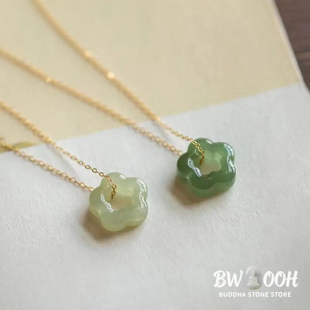 BWOOOH Dainty Hetian Cyan Jade Luck Floral Charm Necklace Pendant with 925 Sterling Silver chain, showcasing a delicate jade floral design for prosperity and spiritual balance. - View 15