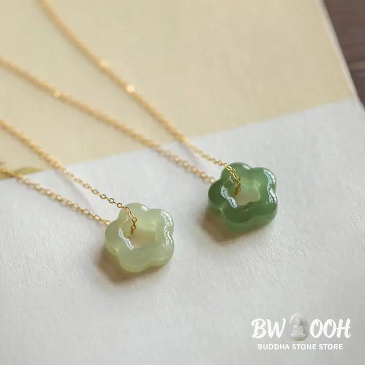 BWOOOH Dainty Hetian Cyan Jade Luck Floral Charm Necklace Pendant with 925 Sterling Silver chain, showcasing a delicate jade floral design for prosperity and spiritual balance. - View 15