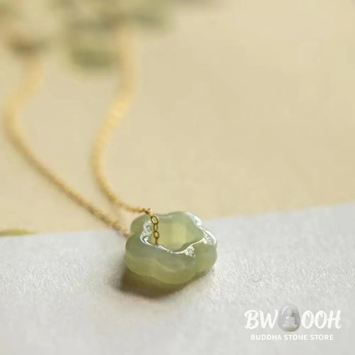 BWOOOH Dainty Hetian Cyan Jade Luck Floral Charm Necklace Pendant with 925 Sterling Silver chain, showcasing a delicate jade floral design for prosperity and spiritual balance. - View 8