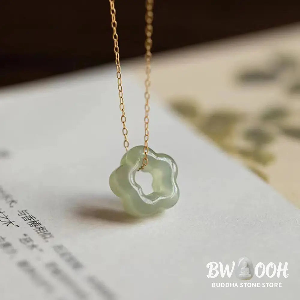 BWOOOH Dainty Hetian Cyan Jade Luck Floral Charm Necklace Pendant with 925 Sterling Silver chain, showcasing a delicate jade floral design for prosperity and spiritual balance. - View 9