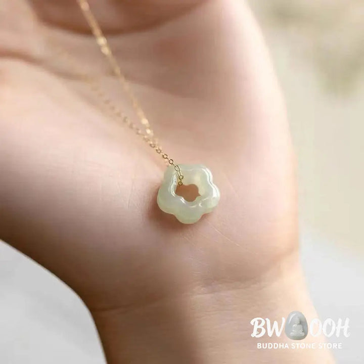 BWOOOH Dainty Hetian Cyan Jade Luck Floral Charm Necklace Pendant with 925 Sterling Silver chain, showcasing a delicate jade floral design for prosperity and spiritual balance. - View 4
