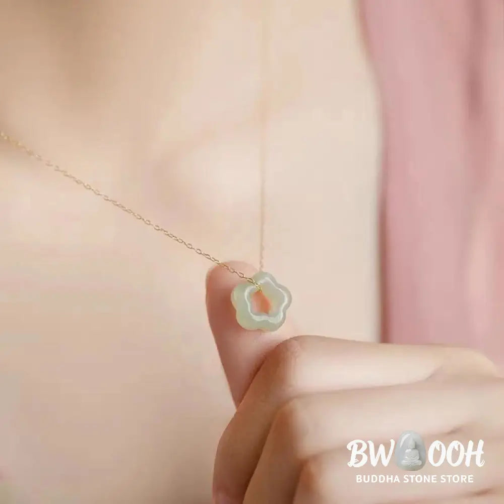 BWOOOH Dainty Hetian Cyan Jade Luck Floral Charm Necklace Pendant with 925 Sterling Silver chain, showcasing a delicate jade floral design for prosperity and spiritual balance. - View 5