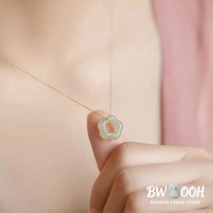 BWOOOH Dainty Hetian Cyan Jade Luck Floral Charm Necklace Pendant with 925 Sterling Silver chain, showcasing a delicate jade floral design for prosperity and spiritual balance. - View 5