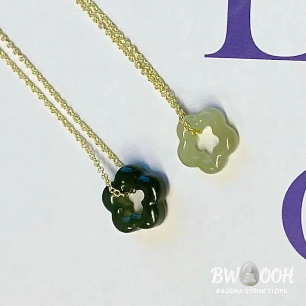 BWOOOH Dainty Hetian Cyan Jade Luck Floral Charm Necklace Pendant with 925 Sterling Silver chain, showcasing a delicate jade floral design for prosperity and spiritual balance. - View 16