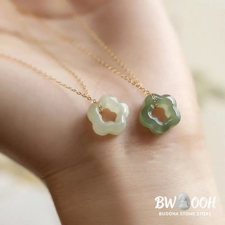 BWOOOH Dainty Hetian Cyan Jade Luck Floral Charm Necklace Pendant with 925 Sterling Silver chain, showcasing a delicate jade floral design for prosperity and spiritual balance. - View 2