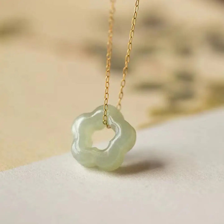 BWOOOH Dainty Hetian Cyan Jade Luck Floral Charm Necklace Pendant with 925 Sterling Silver chain, showcasing a delicate jade floral design for prosperity and spiritual balance. - View 3